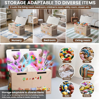 80L Large Toy Storage Box with Lid, Large Toy Box Chest for Kids, Girls and Boys, Nursery Room and Living Room, 26"x13" x16" (Dark Khaki-animal)