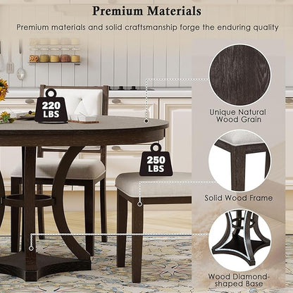 Merax 5-Piece Extendable Round Dining Table Set 42"-58" Retro Functional Table and 4 Upholstered Chairs for Dining Room and Living Room (Espresso)