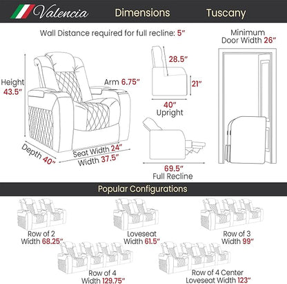 Valencia Tuscany Home Theater Seating | Premium Top Grain Italian Nappa 11000 Leather Power Recliner with Power Lumbar Support & Headrest (Single Recliner, Charcoal Grey)