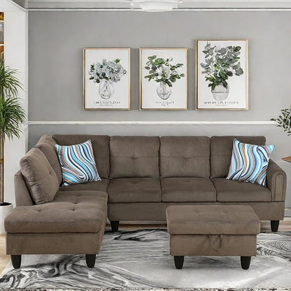 Convertible Sectional Couch, Large L Shaped Couch with Storage, Modern Modular 5-Seat Sectional Sofa with Ottomans for Living Room and Office, Brown