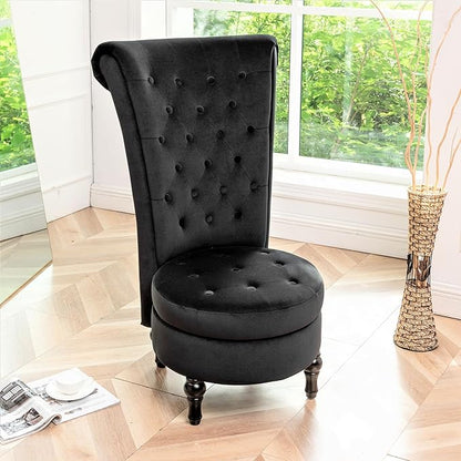 Container Furniture Direct Royal High-Back Velvet Accent Chair for Vanity with Storage and Luxurious Upholstery, Retro Design and Versatile Usage for Living Room, Bedroom, Lounge and Office, Black