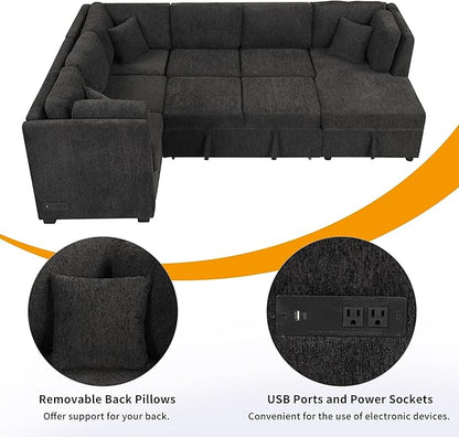 Ball & Cast 108.6" Sleeper Sectional Pull Out Sofa with 2 USB Ports,Two Power Sockets,Versatile U-Shape Couch w/ 3 Back Pillows and Storage Chaise,for Living Room,Office,Apartment,Black