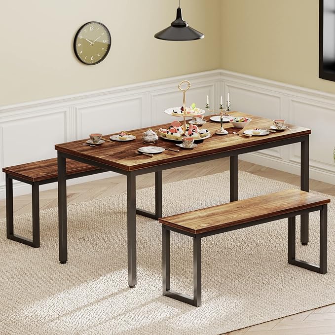 soges Kitchen Table Set with 2 Benches, Bench Dining Table Set for 4, 3 Piece Dining Room Table and Long Benches, Breakfast Table Coffee Table Set, Industrial Style Wooden Kitchen and Dining Room Set