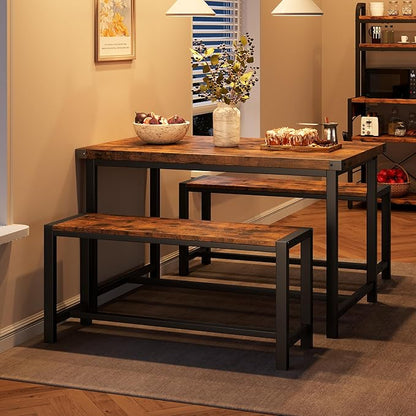 Dining Table Set for 4 with 2 Benches, 3-Piece Kitchen Table Set, Space-Saving Dining Set for Kitchen, Dining Room, Brown