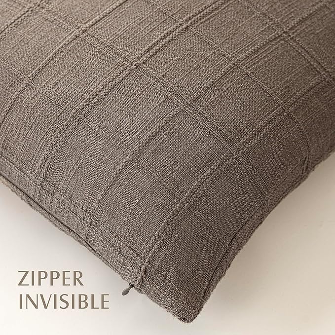 Foindtower Set of 2 Decorative Linen Check Throw Pillow Covers Neutral Farmhouse Vintage Cushion Covers Modern Boho Home Decor for Sofa Chair Couch Bedroom Living Room Outdoor,26×26 Inch,Taupe Grey
