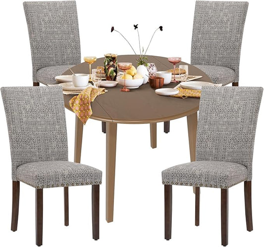 COLAMY 5-Piece Extendable Dining Table Set for 4, 36" Kitchen Round Wood Table with 4 Nailhead Dining Room Chairs,Light Brown/Boho