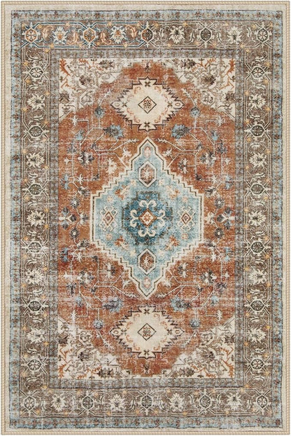 Lahome Oriental Small Rugs for Entryway, 2x3 Rug Non Slip Washable Door Mat Indoor Entrance Ultra-Thin Vintage Soft Carpet for Kitchen Bedroom Front Door Bathroom, Orange/Multi