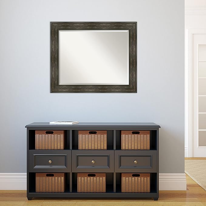 Amanti Art Brown Wall Mirror 28x34 Rail Rustic Char Rectangle Bathroom Mirror for Wall Decor Living Room, Large Rustic Farmhouse Frame, Hangs Horizonally and Vertically, Bathroom Decor, Beveled Edge