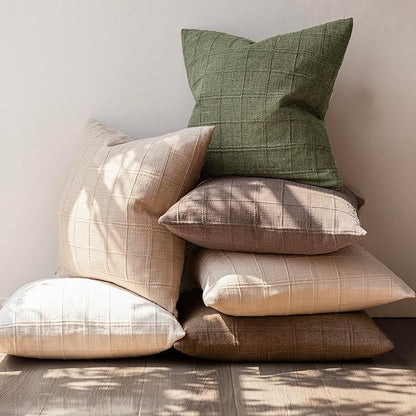 Foindtower Set of 2 Decorative Linen Check Throw Pillow Covers Neutral Farmhouse Vintage Cushion Covers Modern Boho Home Decor for Sofa Chair Couch Bedroom Living Room Outdoor,16×16 Inch,Sage Green