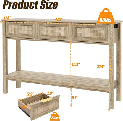 Entryway Table, Rattan Console Table with 3 Storage Drawers and Storage Shelf, Sofa Table with Socket, for Entryway, Living Room, Behind Couch and Hallway (Natural Wood)