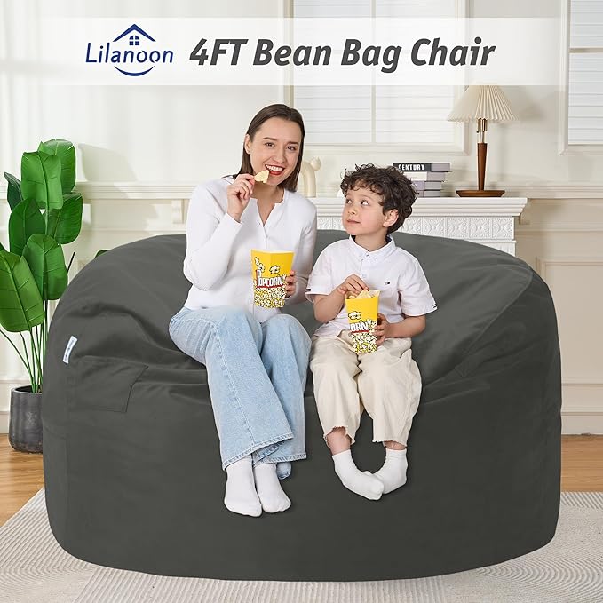 4FT Bean Bag Chair with Ultra Soft Velvet Cover Bean Bag Sofa with Memory Foam Bean Bag Chairs with Large Size Lazy Sofa for Dorm Office Living Room Bedroom Grey 4'