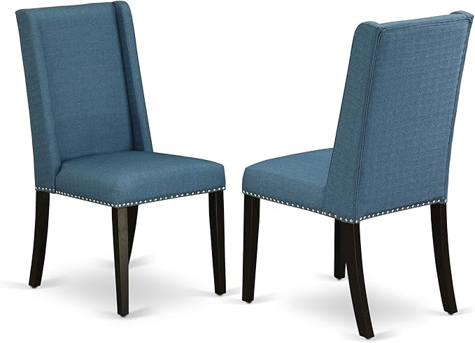 East West Furniture NOFL5-BLK-21 5 Piece Dinette Set for 4 Includes a Rectangle Dining Room Table with Butterfly Leaf and 4 Blue Linen Fabric Upholstered Chairs, 32x54 Inch, Black