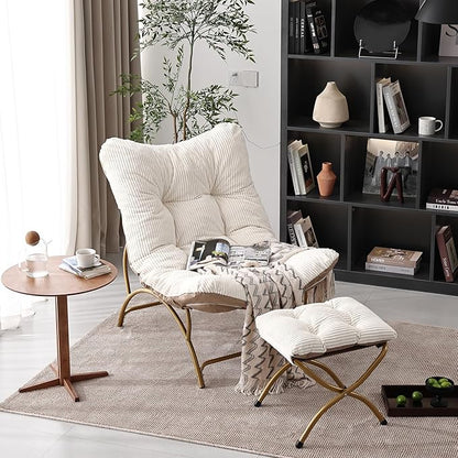 Welnow Accent Chair with Ottoman, Lounge Comfy Soft Leisure Metal Frame Reading Chair with Footrest, Upholstered Thick Cushion Seated Recliner Sofa for Living Room, Bedroom, Dorm, Beige