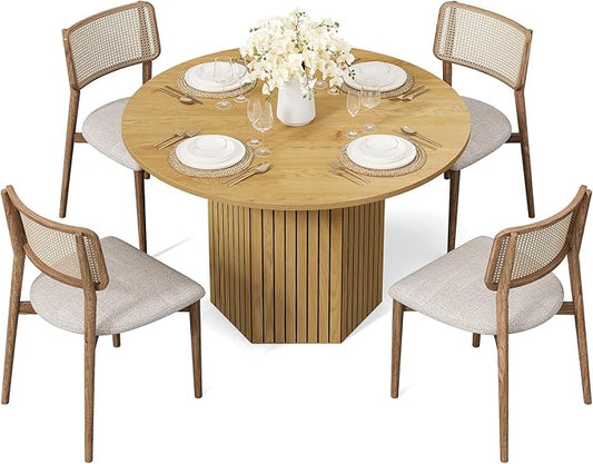 LITTLE TREE Round Wood Dining Table, 47-Inch Small Dining Table for 4, Modern Circle Kitchen Table with Wood Strip Base for Kitchen Living Room, Walnut