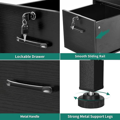 DWVO Computer Desk with Drawers & Hutch, 59.1" Office Desk with Power Outlets & LED Lights, Home Office Desk with Storage Shelves, Black