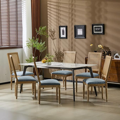Merax Upholstered Solid Wood Dining Chairs Set of 6, French Country Style Accent Side Seating Furniture for Kitchen, Living Room, Wicker Back, Slate Blue