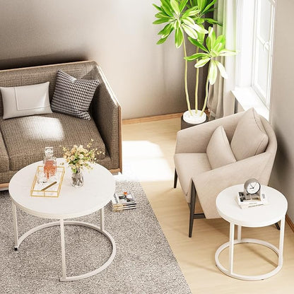 Garden 4 you Nesting Coffee Table, 23.6" Round Coffee Table Set of 2, Wooden Nesting Table Set with Metal Frame, Side Tables for Living Room Bedroom Balcony, White