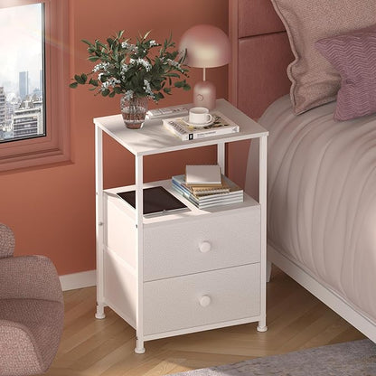 Tohomeor Nightstand with Charging Station LED Light End Table Bedroom Bed Side Dresser with Fabric Drawers Open Storage Shelf Living Room Sofa End Table with USB Ports and Outlet (White, 2 Packs)