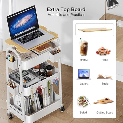 3 Tier Rolling Cart Metal with Wheels and Bamboo Table Top, Art Cart Organizer on Wheels, White Three Tiered Storage Utility Carts for Craft, Baby, Diaper Caddy,Coffee,Kitchen,Cleaning,Office Supplies
