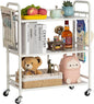 HDANI 3 Tier Metal Mesh Utility Cart,Large Capacity Multipurpose Heavy Vehicle,Rolling Trolley with to Hooks and One Basket(White)