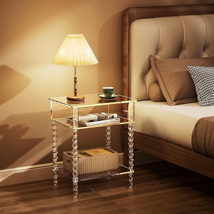 Acrylic Side Table, Clear 3-Tier End Table with Storage, Nightstand for Living Room, Bedroom, Office (Clear, 11.8 ×15.7 × 19.7)