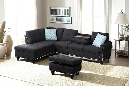 98 Inch L Shaped Sectional Sofa with Chaise Lounge, Storage Ottoman and 2 Pillows, 4-Seaters Linen Upholstered Tufted Couch w/Cupholder & Nailhead Trim for Living Room, Office, Charcoal Grey