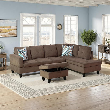 NicBex Sectional Couch 3 Pieces Sofa Set with Left Chaise Corduroy L Shaped Cloud Couch for Living Room Furniture Sets with Storage Ottoman, Modular Sofa for Living Room & Apartment, Brown