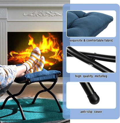 HollyHOME 15"(H) Folding Footrest Stool, Upholstered Small Foldable Ottoman, Accent Padded Sofa Foot Stool for Lazy Chair, Metal Frame Portable Foot Rest Ottoman for Living Room, Bedroom, Royal Blue