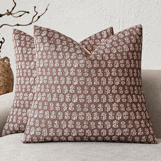Foindtower Set of 2 Decorative Vintage Floral Print Throw Pillow Covers Neutral Modern Farmhouse Cushion Covers Boho Home Decor for Sofa Couch Chair Bedroom Living Room Outdoor,24×24 Inch,Wine Red