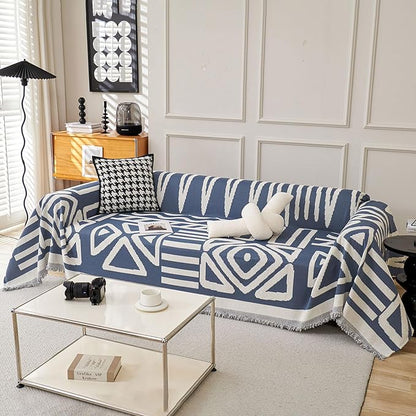 STACYPIK Boho Chenille Blue Sofa Cover L Shaped Couch Cover Reversible Couch Cover for 3 Cushion Couch Non-Silp Furniture Cover for Dogs Cats Sectional Sofa Cover for Loveseat Futon Cover-91X150IN