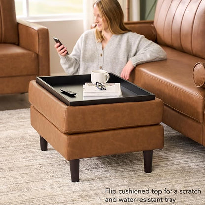 Bush Home Storage Ottoman with Tray, Living Room Furniture, Max Collection, Buffed Camel Vegan Leather