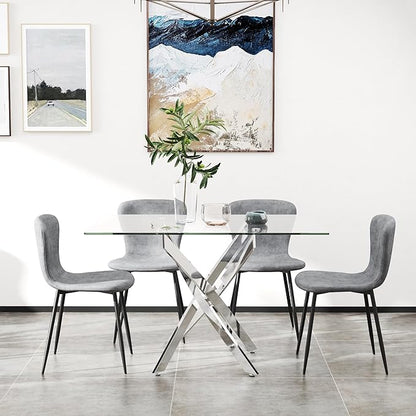Tempered Glass Dining Table 48 Inch Mordern Rectangular Kitchen Table with Black Metal Legs for Dining Room Kitchen