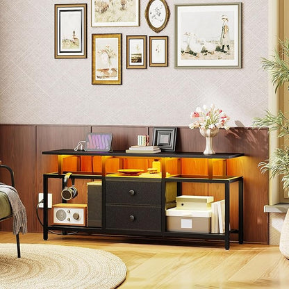 TV Stand with LED Light and Power Outlets, Entertainment Center with Fabric Drawers and Open Shelves, 41.7" TV Cabinet for TVs up to 45 Inch, Media Console for Living Room, Bedroom, DS03UDBB
