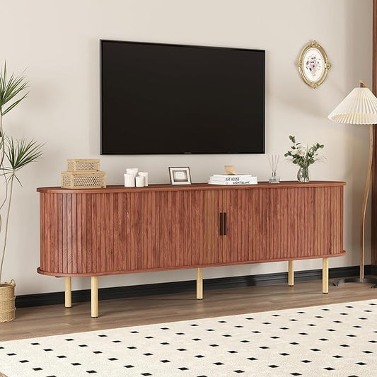 70.1" TV Stand, Modern TV Console Table with Storage Compartment and Sliding Door, Gaming Entertainment Center with Cabinet for Living Room, Bedroom, Office, Walnut
