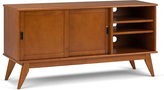 SIMPLIHOME Draper SOLID HARDWOOD 60 Inch Wide Mid Century Modern TV Media Stand in Teak Brown For TVs up to 65 Inches, For the Living Room and Entertainment Center