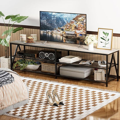 TV Stand for TVs up to 75 Inch, 70" Long Industrial TV Console Table with 3-Tier Storage Shelves, Entertainment Center for Living Room, Bedroom (Gray)