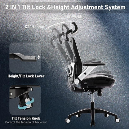 COLAMY Ergonomic Mesh Office Chair with Footrest, High Back Computer Executive Desk Chair with Headrest and 4D Flip-up Armrests, Adjustable Tilt Lock and Lumbar Support-Grey