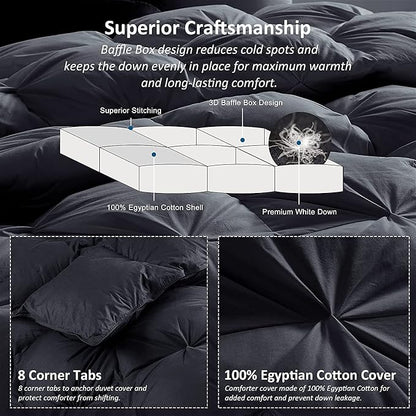 Luxurious Goose Down Feather Fiber Comforter, Exquisite Pinch Pleat Design, Black 108 x 98 , 100% Egyptian Cotton, 75 oz Fill Weight, Black,Oversize Cal King