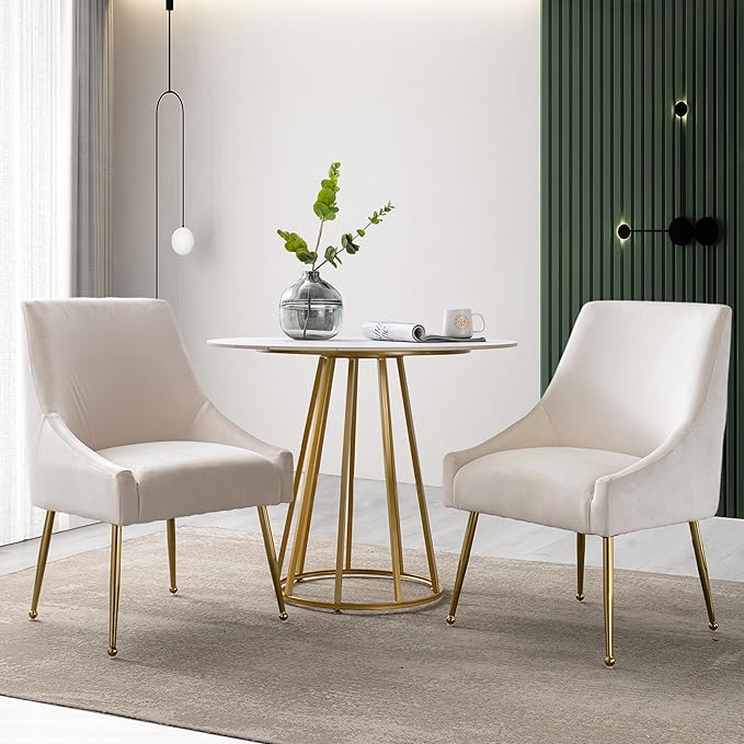 Modern Velvet Dining Chairs Set of 4, Contemporary Upholstered Furniture Collection with Polished Gold Metal Legs, Elegant Accent Chairs for Kitchen Living Room(White)