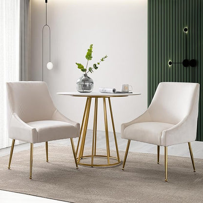 Modern Velvet Dining Chairs Set of 2, Contemporary Upholstered Furniture Collection with Polished Gold Metal Legs, Elegant Accent Chairs for Kitchen Living Room(White)