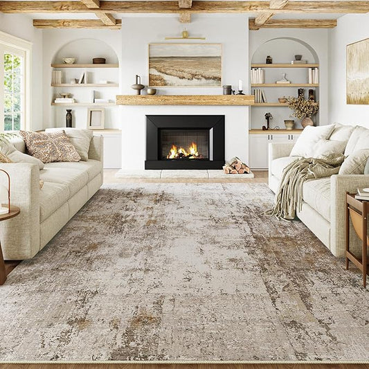 12x15 Washable Area Rug Brown Grey Abstract Neutral Living Room Bedroom Large Throw Rug Non Slip Soft Distressed Low Pile Indoor Floor Carpet for Kitchen Office Entryway