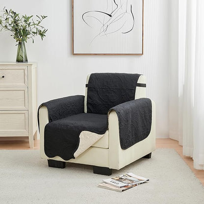 Great Bay Home Reversible Chair Cover - Washable Slipcover Furniture Protector with Elastic Straps - Chair Cover for Dogs, Kids, and Pets - Quilted & Stitched Detail (Chair, Black/Taupe)