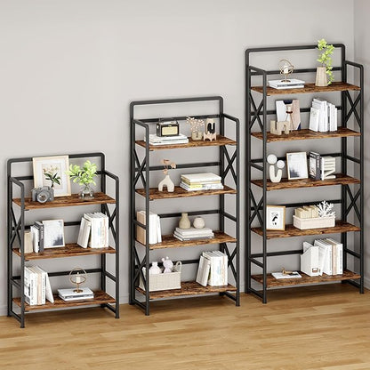 No Assembly Folding Bookshelf, 5 Tiers Vintage Wood Collapsible Book Shelf for Storage,Industrial Metal Foldable Bookcase Organizer for Living Room Bedroom Home Office (Rustic Brown)