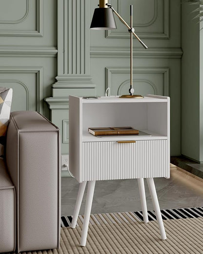 Nightstand,Modern Bedside Table with Storage Drawer and Open Wood Shelf, Accent Night Stand with Solid Wood Legs for Living Room, Bedroom and Small Spaces,Easy Assembly (White-Outlet)