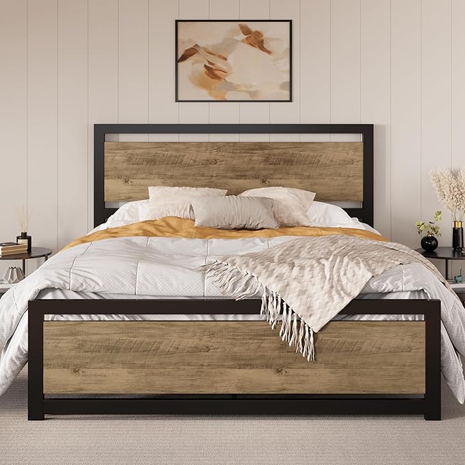 SHA CERLIN Full Size Bed Frame with Modern Headboard, Heavy Duty Platform Metal Base with Square Footboard and 13 Strong Slats Support, No Box Spring Needed, Brown