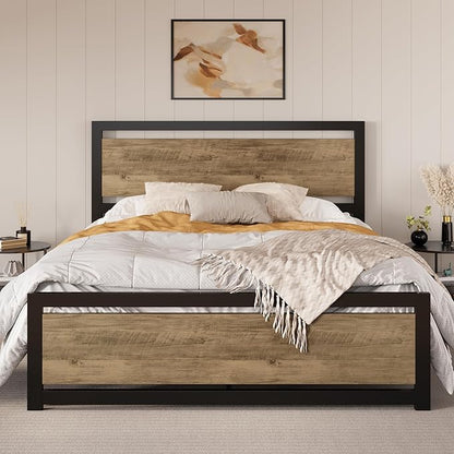 SHA CERLIN Full Size Bed Frame with Modern Headboard, Heavy Duty Platform Metal Base with Square Footboard and 13 Strong Slats Support, No Box Spring Needed, Brown