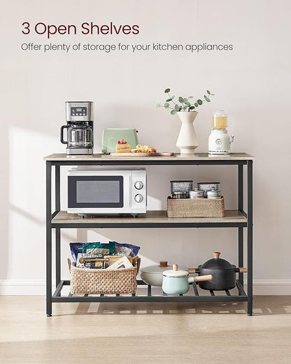 VASAGLE Kitchen Island with 3 Shelves, 47.2 Inches Width Kitchen Shelf with Large Worktop, Stable Steel Structure, Industrial, Easy to Assemble, Greige and Black UKKI001B02
