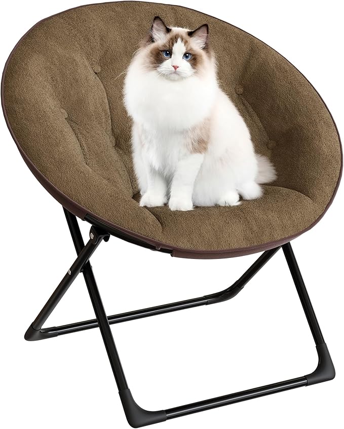 Saucer Chair, XL Foldable Lounge Chair for Bedroom/Dorm, Plush Comfy Seat with Non-Slip Base for Teens & Adults, Faux Fur Accent Chair, Brown