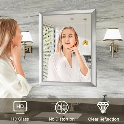 22x30 Inch Silver Bathroom Mirror for Wall, Thick Metal Framed Rectangle Mirrors for Over Sink, Bedroom, Living Room, Entryway, Anti-Rust, HD Tempered Glass