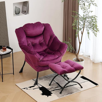 Lazy Chair with Ottoman, Modern Chair with Folding Footrest, Lounge Accent Chair, Comfortable Reading Chair (Velvet Dark Purple)